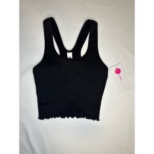 YOGALICIOUS Black Ribbed Ruffle Edge Tank Bralette, Size S